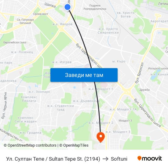 Ул. Султан Тепе / Sultan Tepe St. (2194) to Softuni map