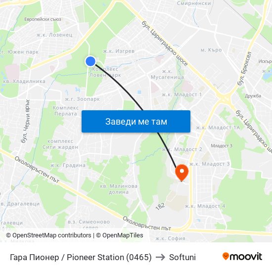 Гара Пионер / Pioneer Station (0465) to Softuni map