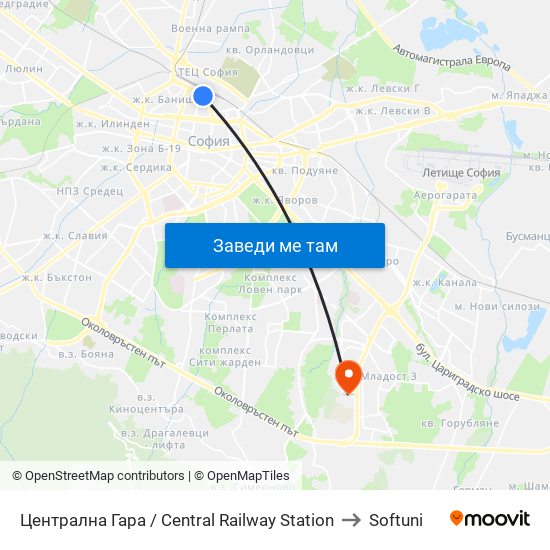 Централна Гара / Central Railway Station to Softuni map