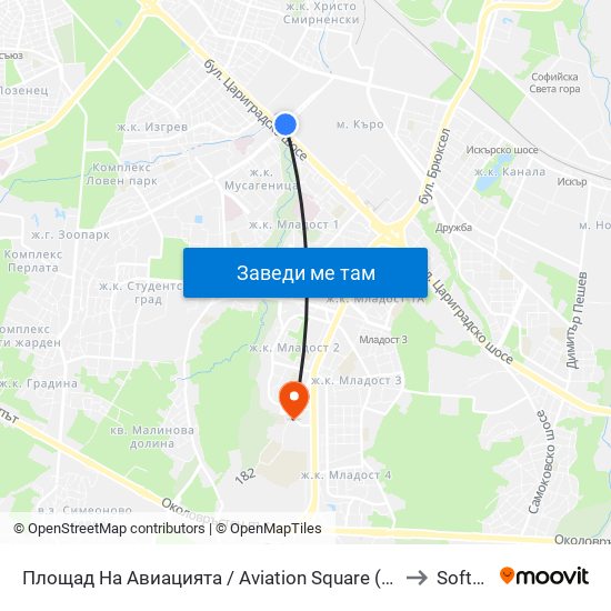 Площад На Авиацията / Aviation Square (1258) to Softuni map