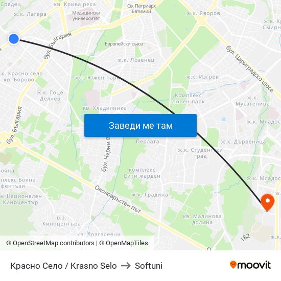 Красно Село / Krasno Selo to Softuni map