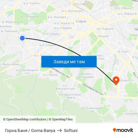 Горна Баня / Gorna Banya to Softuni map