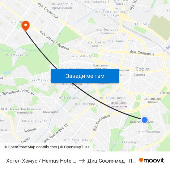 Хотел Хемус / Hemus Hotel (2329) to Дкц Софиямед - Люлин map
