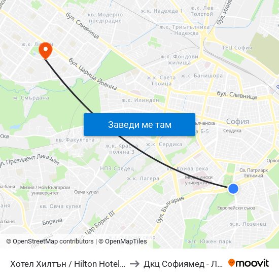 Хотел Хилтън / Hilton Hotel (0397) to Дкц Софиямед - Люлин map