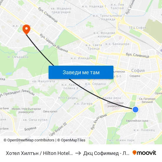 Хотел Хилтън / Hilton Hotel (0397) to Дкц Софиямед - Люлин map