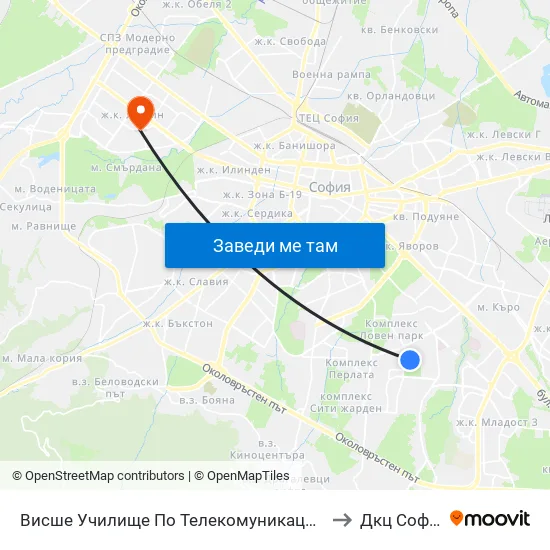 Висше Училище По Телекомуникации / University Of Telecommunications And Post (1397) to Дкц Софиямед - Люлин map