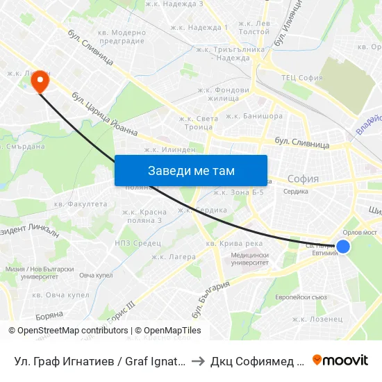 Ⓜ️🎓 Ул. Граф Игнатиев / Graf Ignatiev St. (1913) to Дкц Софиямед - Люлин map