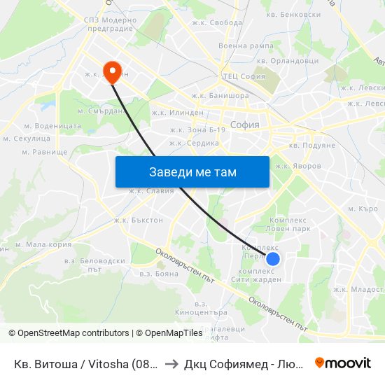 Кв. Витоша / Vitosha (0821) to Дкц Софиямед - Люлин map