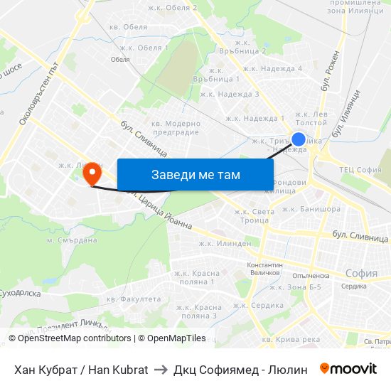 Хан Кубрат / Han Kubrat to Дкц Софиямед - Люлин map