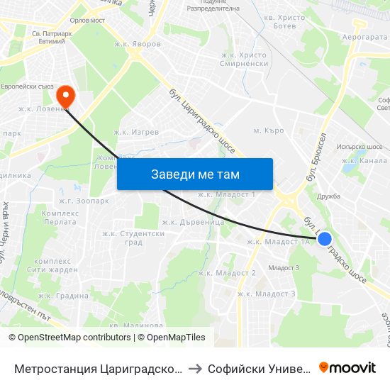 Метростанция Цариградско Шосе / Tsarigradsko Shosse Metro Station (1016) to Софийски Университет „Св. Климент Охридски“ map