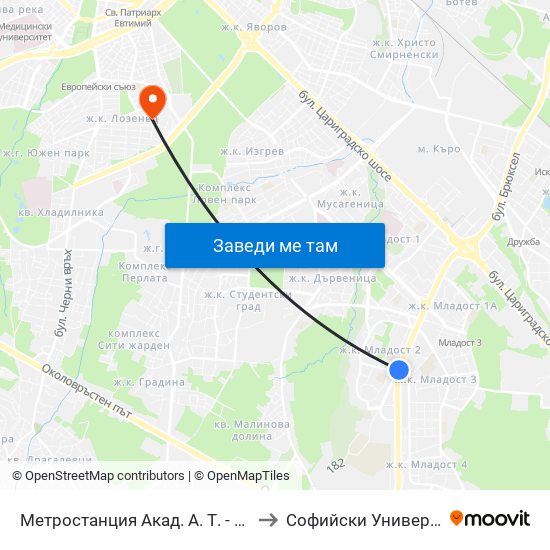 Метростанция Акад. А. Т. - Балан / Acad. A. T.-Balan Metro Station (1917) to Софийски Университет „Св. Климент Охридски“ map