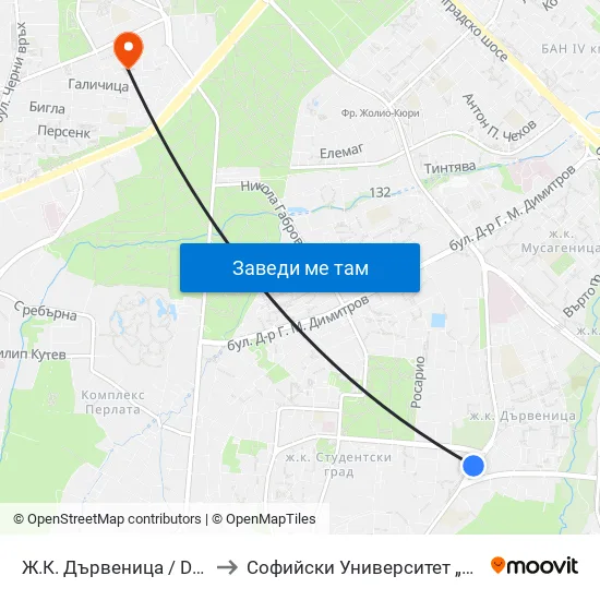 Ж.К. Дървеница / Darvenitsa Qr. (1012) to Софийски Университет „Св. Климент Охридски“ map