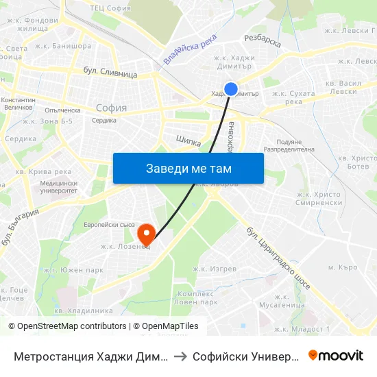 Метростанция Хаджи Димитър / Hadzhi Dimitar Metro Station (0303) to Софийски Университет „Св. Климент Охридски“ map