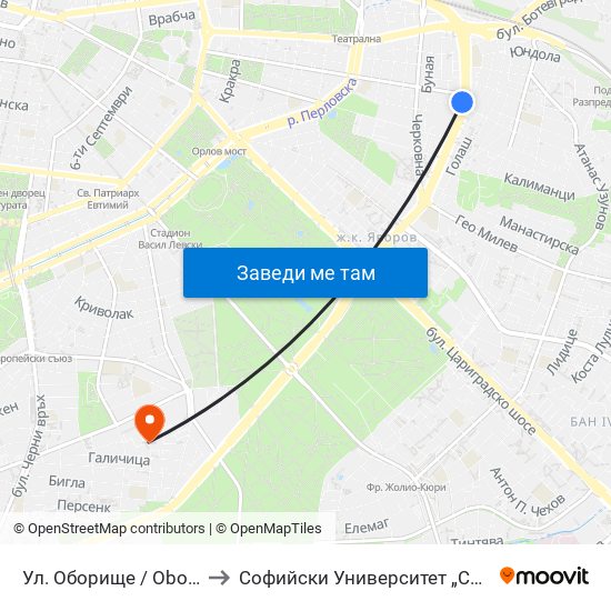 Ул. Оборище / Oborishte St. (2071) to Софийски Университет „Св. Климент Охридски“ map