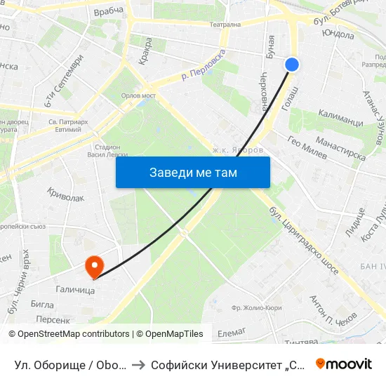 Ул. Оборище / Oborishte St. (2071) to Софийски Университет „Св. Климент Охридски“ map