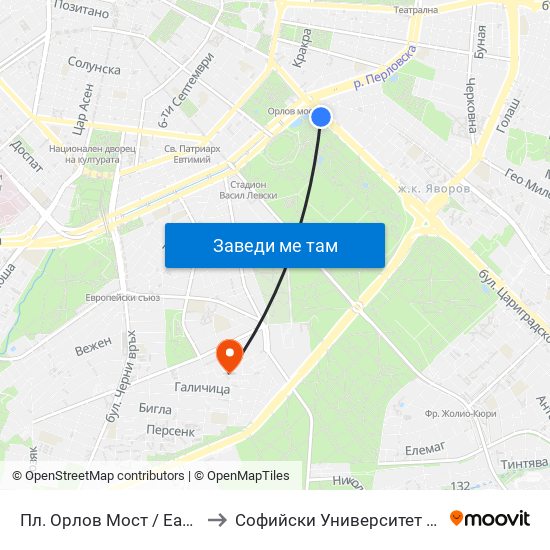 Пл. Орлов Мост / Eagles' Bridge Sq. (1287) to Софийски Университет „Св. Климент Охридски“ map