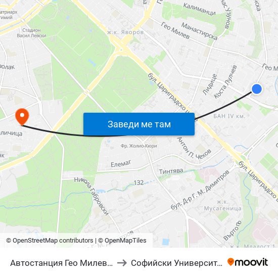 Автостанция Гео Милев / Geo Milev Bus Station (0052) to Софийски Университет „Св. Климент Охридски“ map