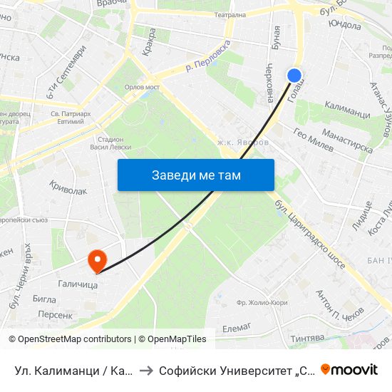 Ул. Калиманци / Kalimantsi St. (1972) to Софийски Университет „Св. Климент Охридски“ map