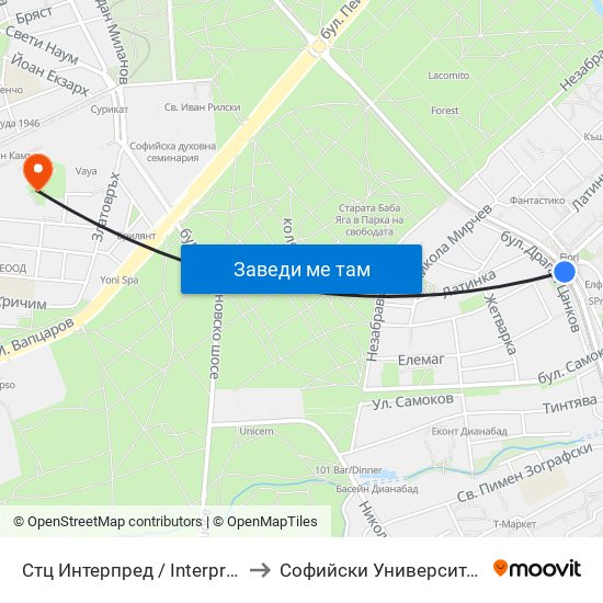 Стц Интерпред / Interpred World Trade Centre (1109) to Софийски Университет „Св. Климент Охридски“ map