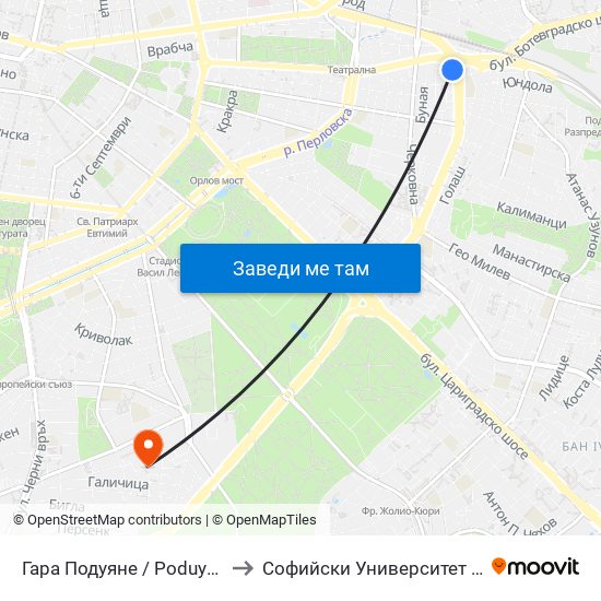 Гара Подуяне / Poduyane Train Station (0468) to Софийски Университет „Св. Климент Охридски“ map