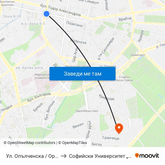 Ул. Опълченска / Opalchenska St. (2085) to Софийски Университет „Св. Климент Охридски“ map