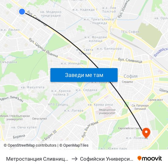 Метростанция Сливница / Slivnitsa Metro Station (1063) to Софийски Университет „Св. Климент Охридски“ map