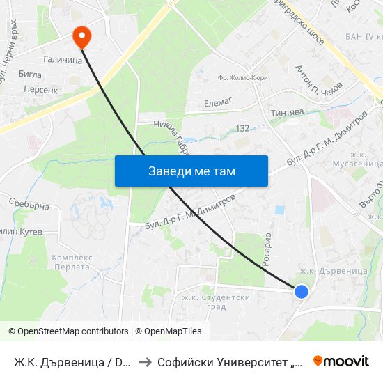 Ж.К. Дървеница / Darvenitsa Qr. (0800) to Софийски Университет „Св. Климент Охридски“ map
