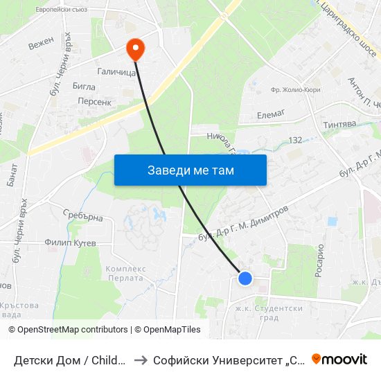 Детски Дом / Children's Home (0530) to Софийски Университет „Св. Климент Охридски“ map