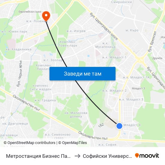 Метростанция Бизнес Парк / Business Park Metro Station (2490) to Софийски Университет „Св. Климент Охридски“ map