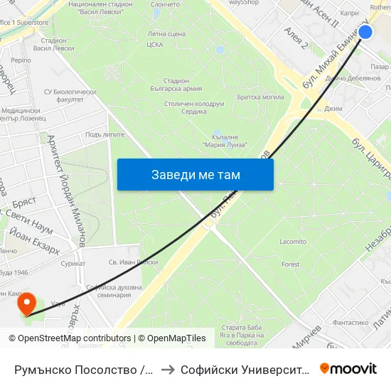 Румънско Посолство / Embassy Of Romania (1489) to Софийски Университет „Св. Климент Охридски“ map