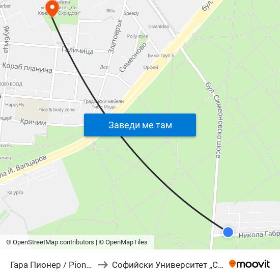 Гара Пионер / Pioneer Station (0465) to Софийски Университет „Св. Климент Охридски“ map