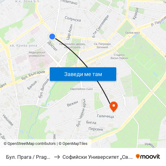 Бул. Прага / Prague Blvd. (0366) to Софийски Университет „Св. Климент Охридски“ map