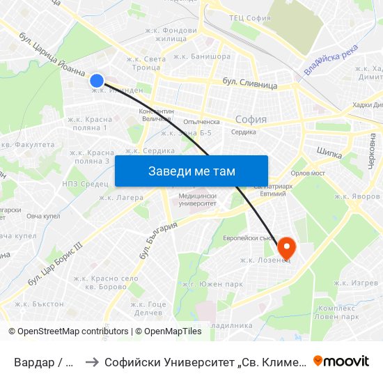 Вардар / Vardar to Софийски Университет „Св. Климент Охридски“ map