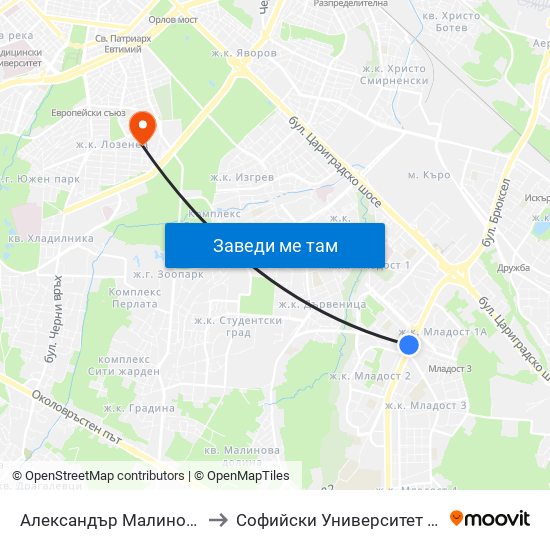 Александър Малинов / Aleksandar Malinov to Софийски Университет „Св. Климент Охридски“ map