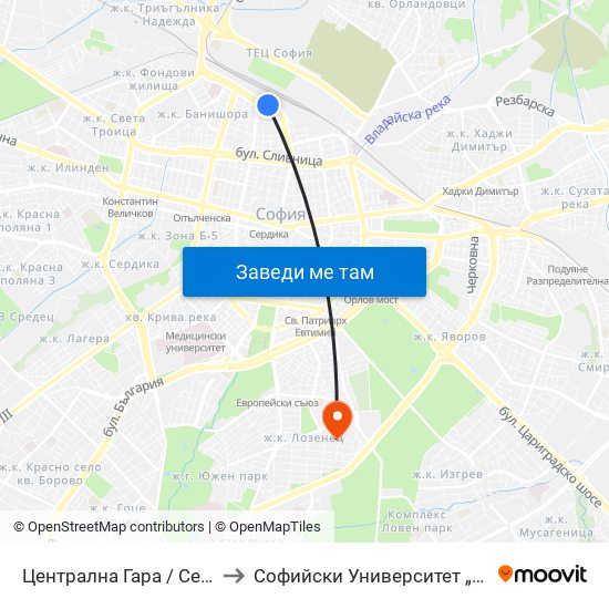 Централна Гара / Central Railway Station to Софийски Университет „Св. Климент Охридски“ map