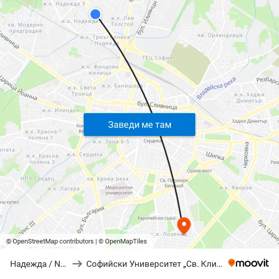 Надежда / Nadezhda to Софийски Университет „Св. Климент Охридски“ map