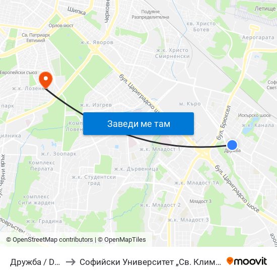 Дружба / Druzhba to Софийски Университет „Св. Климент Охридски“ map