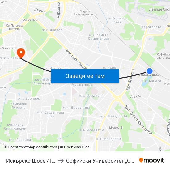 Искърско Шосе / Iskarsko Shosse to Софийски Университет „Св. Климент Охридски“ map