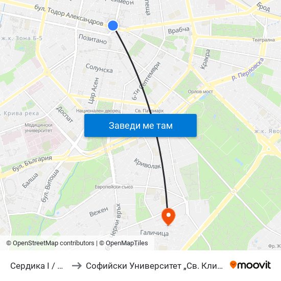 Сердика I / Serdika I to Софийски Университет „Св. Климент Охридски“ map