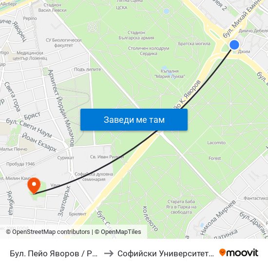 Бул. Пейо Яворов / Peyo Yavorov Blvd. (0073) to Софийски Университет „Св. Климент Охридски“ map