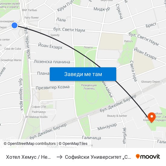 Хотел Хемус / Hemus Hotel (1325) to Софийски Университет „Св. Климент Охридски“ map