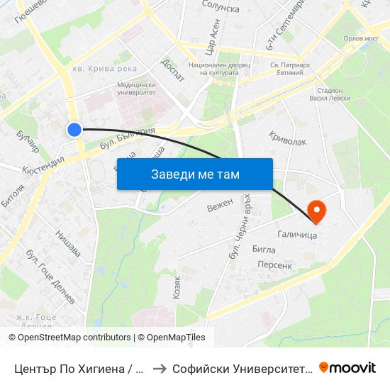 Център По Хигиена / Centre Of Hygiene (2343) to Софийски Университет „Св. Климент Охридски“ map