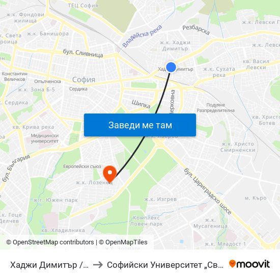 Хаджи Димитър / Hadzhi Dimitar to Софийски Университет „Св. Климент Охридски“ map