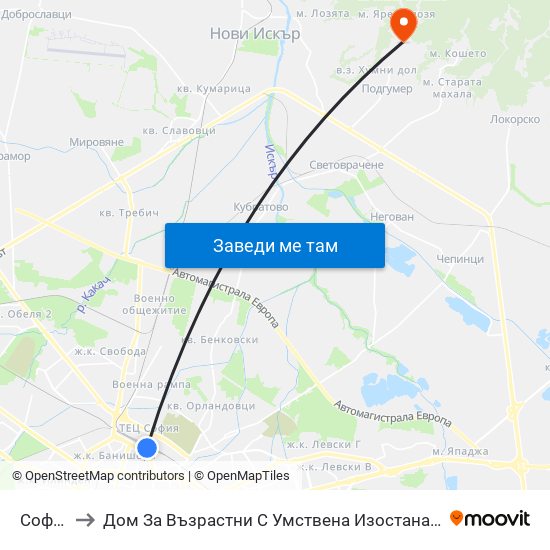 София to Дом За Възрастни С Умствена Изостаналост map