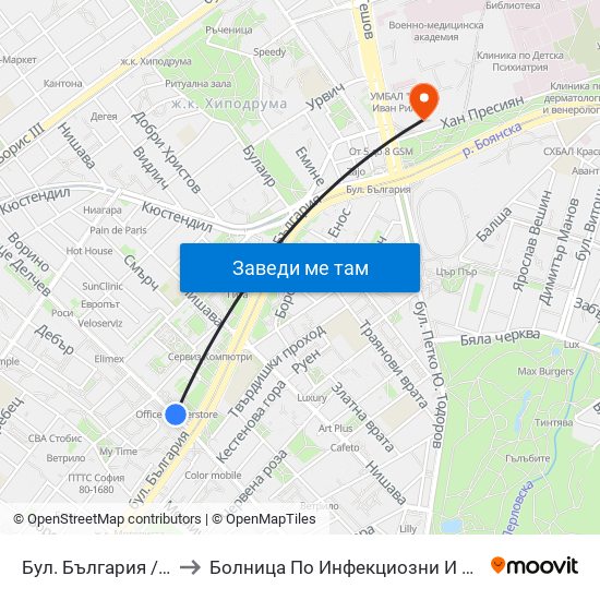 Бул. България / Bulgaria Blvd. (0290) to Болница По Инфекциозни И Паразитни Болести Проф. Ив. Киров map