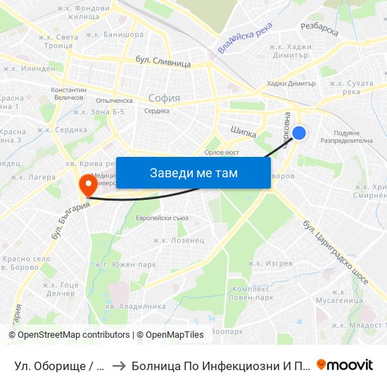 Ул. Оборище / Oborishte St. (2071) to Болница По Инфекциозни И Паразитни Болести Проф. Ив. Киров map