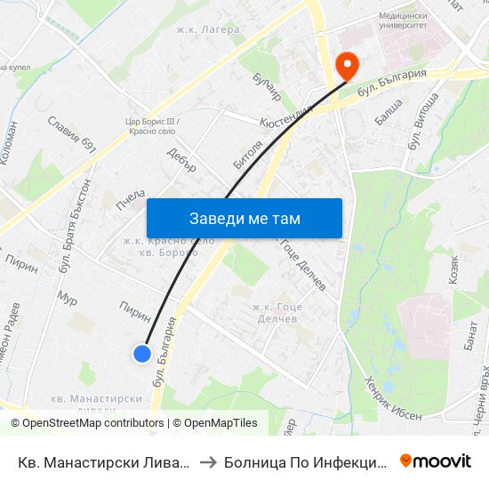 Кв. Манастирски Ливади - Запад / Manastirski Livadi - West Qr. (0582) to Болница По Инфекциозни И Паразитни Болести Проф. Ив. Киров map