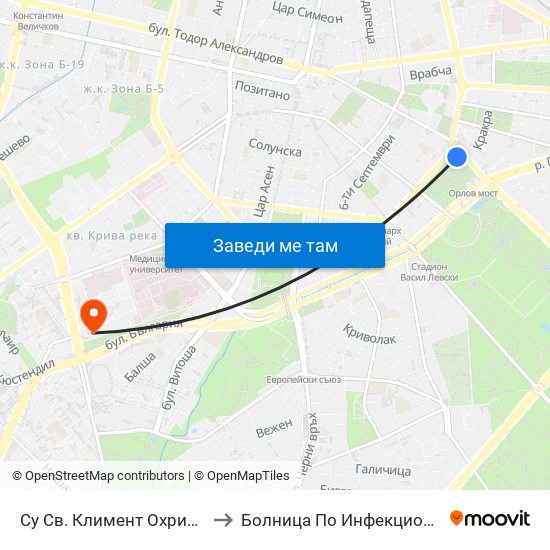 Су Св. Климент Охридски / Sofia University St. Kliment Ohridski to Болница По Инфекциозни И Паразитни Болести Проф. Ив. Киров map