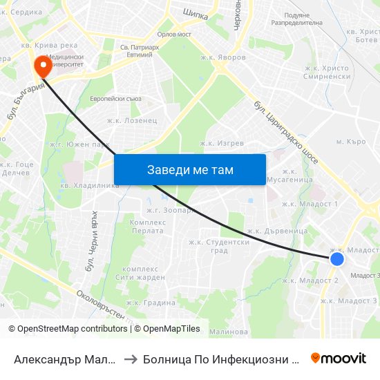 Александър Малинов / Aleksandar Malinov to Болница По Инфекциозни И Паразитни Болести Проф. Ив. Киров map