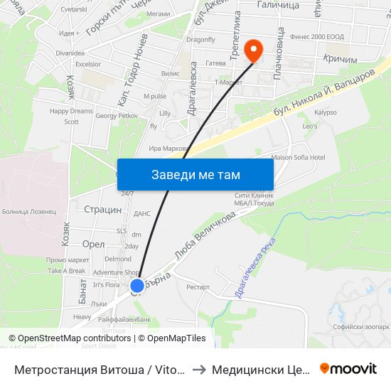 Метростанция Витоша / Vitosha Metro Station (0909) to Медицински Центер Иновамед map